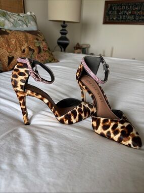 Gianni Bini Leopard Print Pointed Toe Heels with Pink Rhinestone Ankle Strap